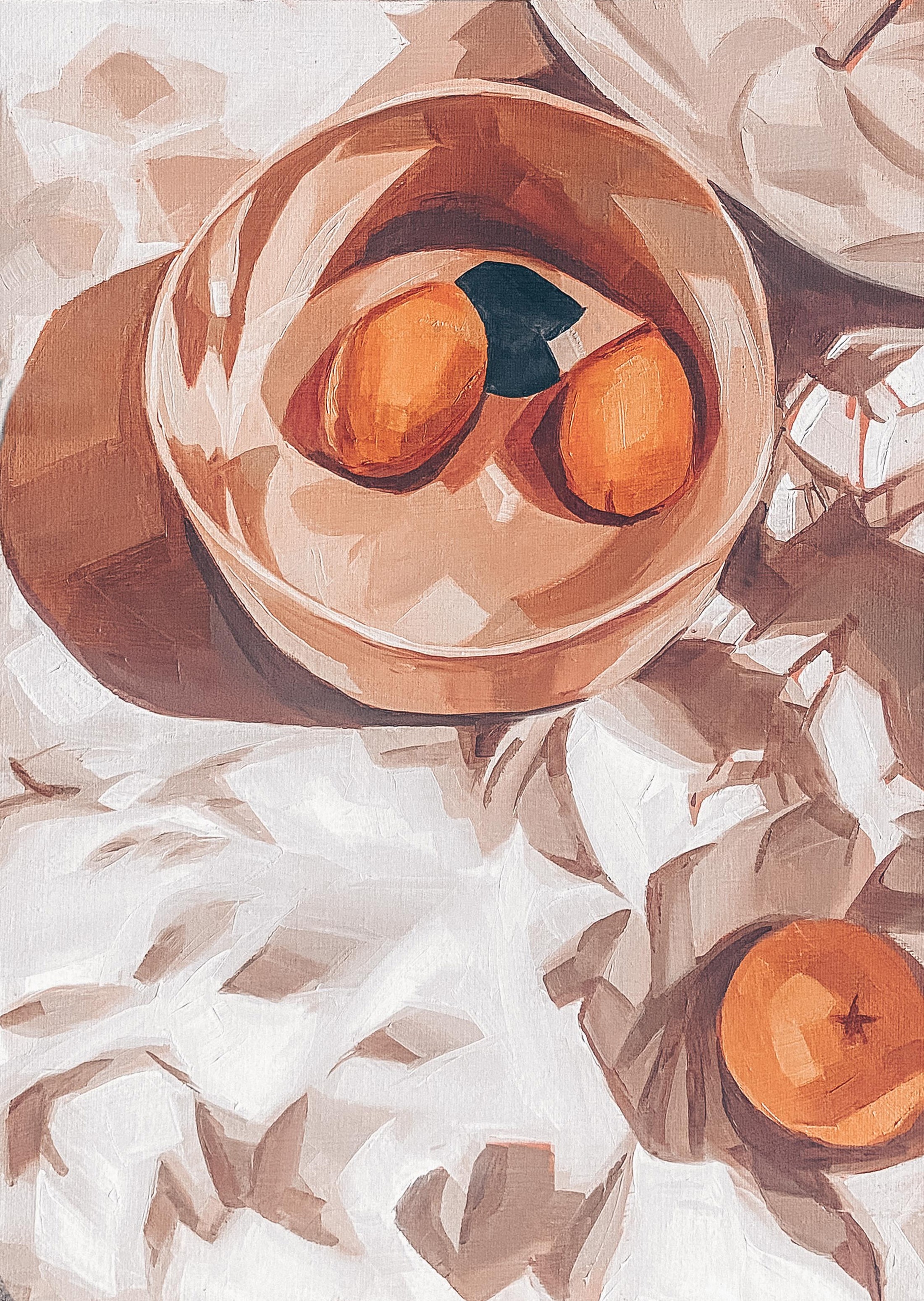 Pintura original al óleo titulada Bajo los árboles, con naranjas en un cuenco de madera sobre mantel blanco