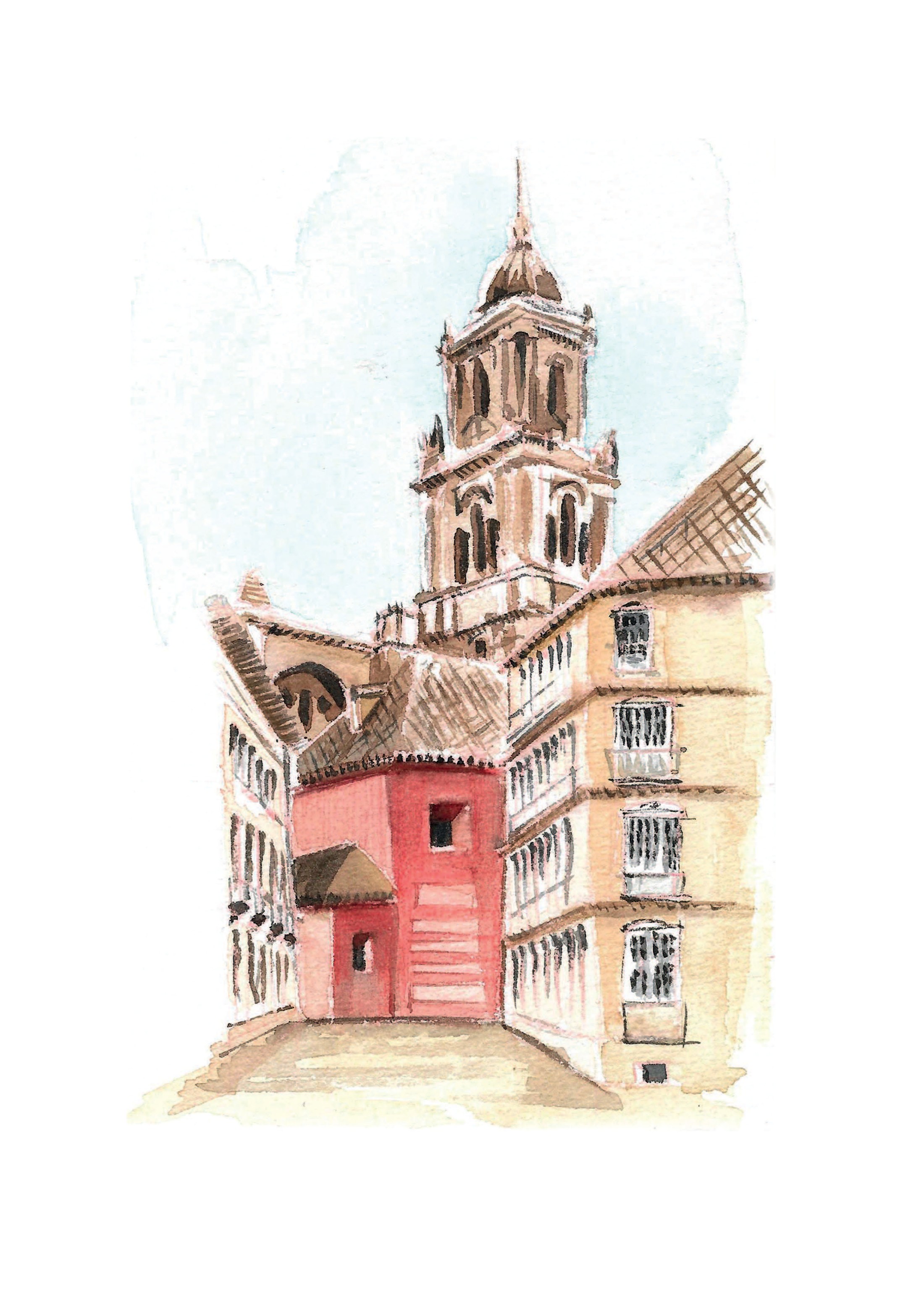 Acuarela de la fachada de la Catedral de Málaga, conocida como La Manquita, obra de María Téllez