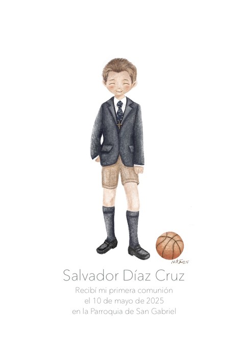 Estampa de comunión personalizada con la ilustración de un niño en traje de comunión