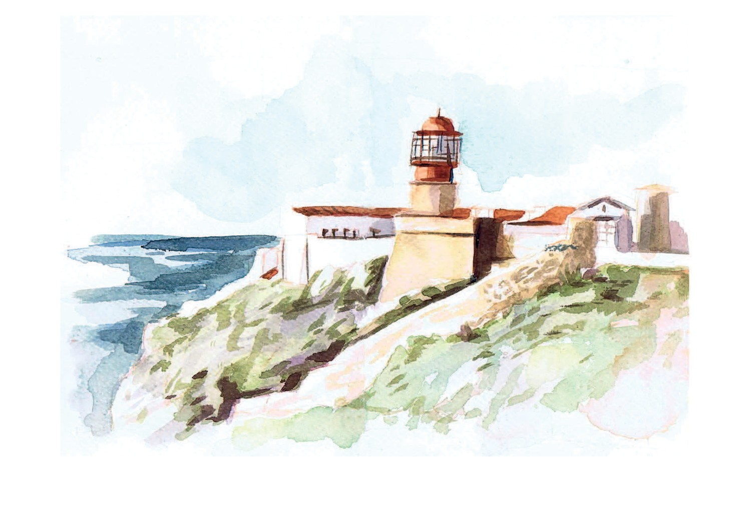Acuarela del faro del Cabo de San Vicente en Sagres, el punto más suroccidental de Europa continental