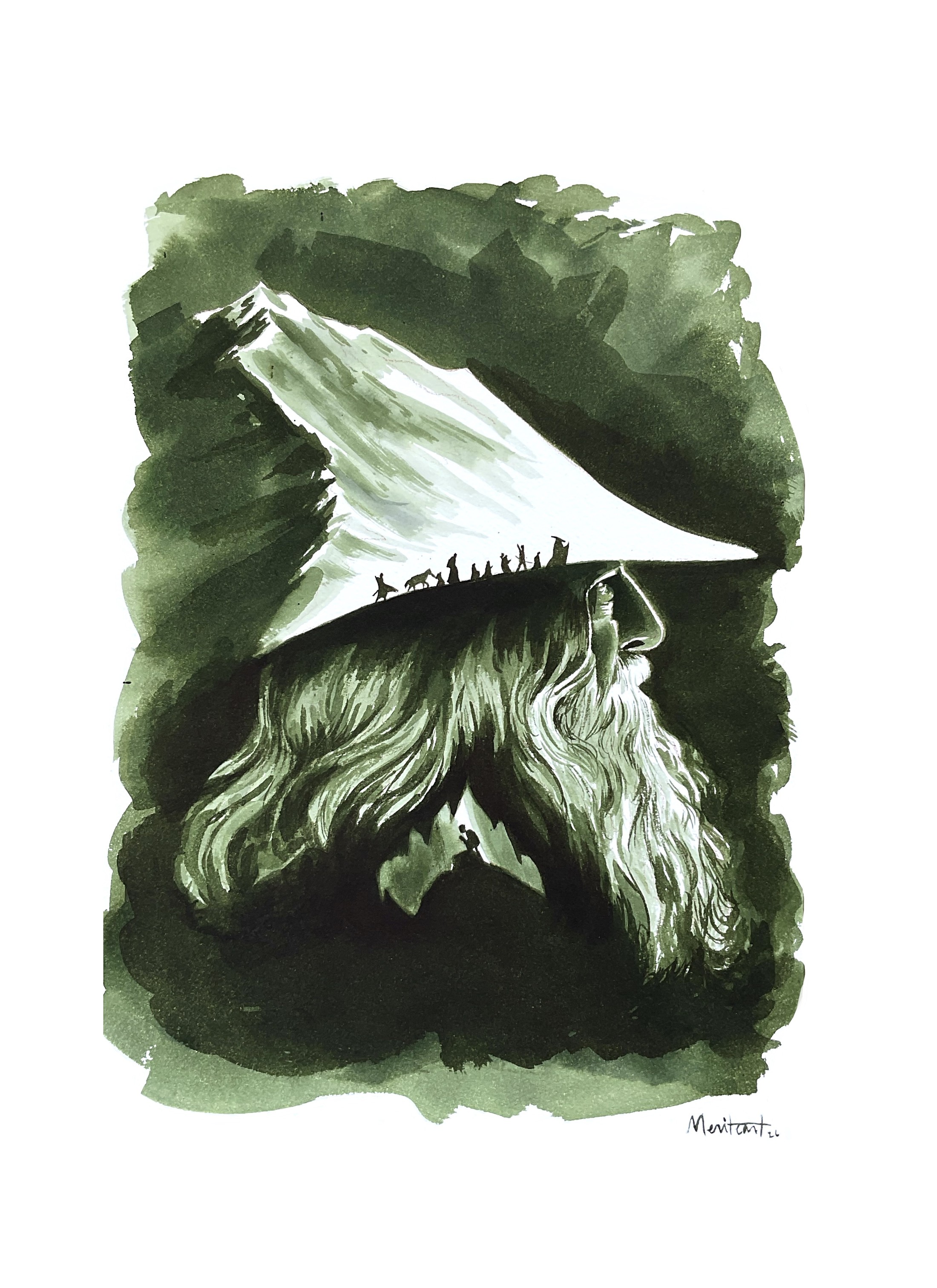 Ilustración de Gandalf de perfil en tinta verde, con la Comunidad del Anillo caminando sobre su sombrero convertido en montaña nevada, de María Téllez