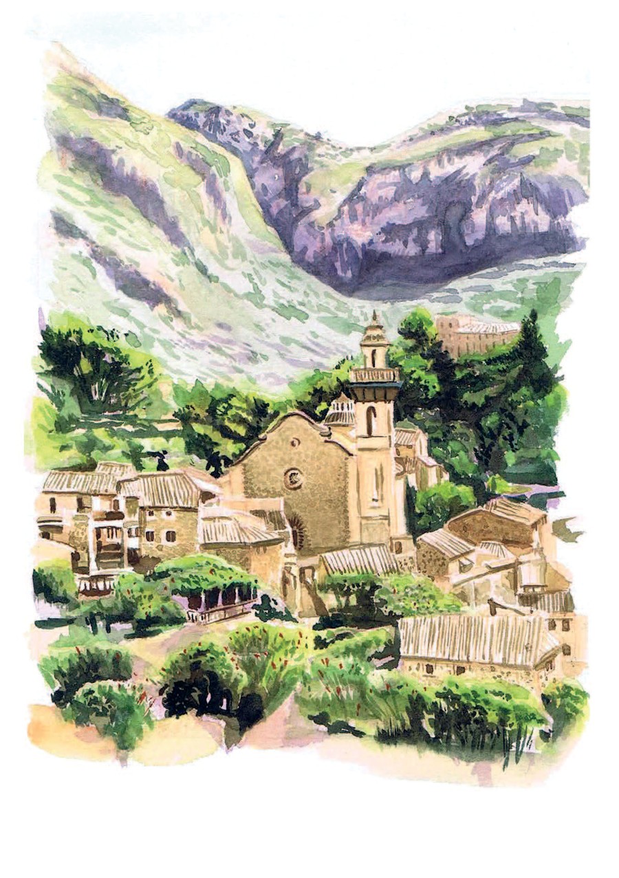 Acuarela de la Iglesia de la Cartuja del Real Monasterio de Valldemossa, Mallorca