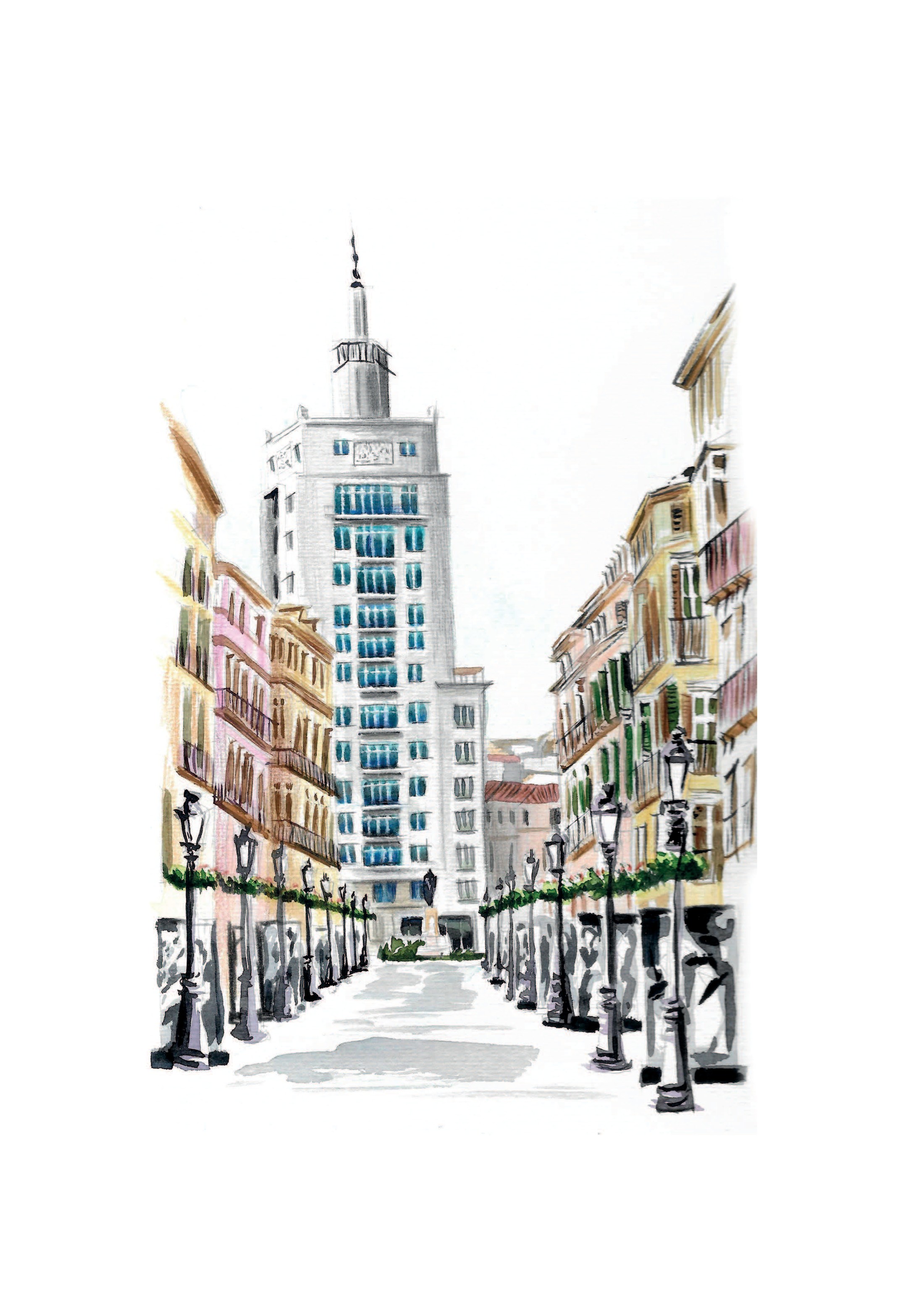 Acuarela del edificio de La Equitativa en la esquina con calle Larios, Málaga