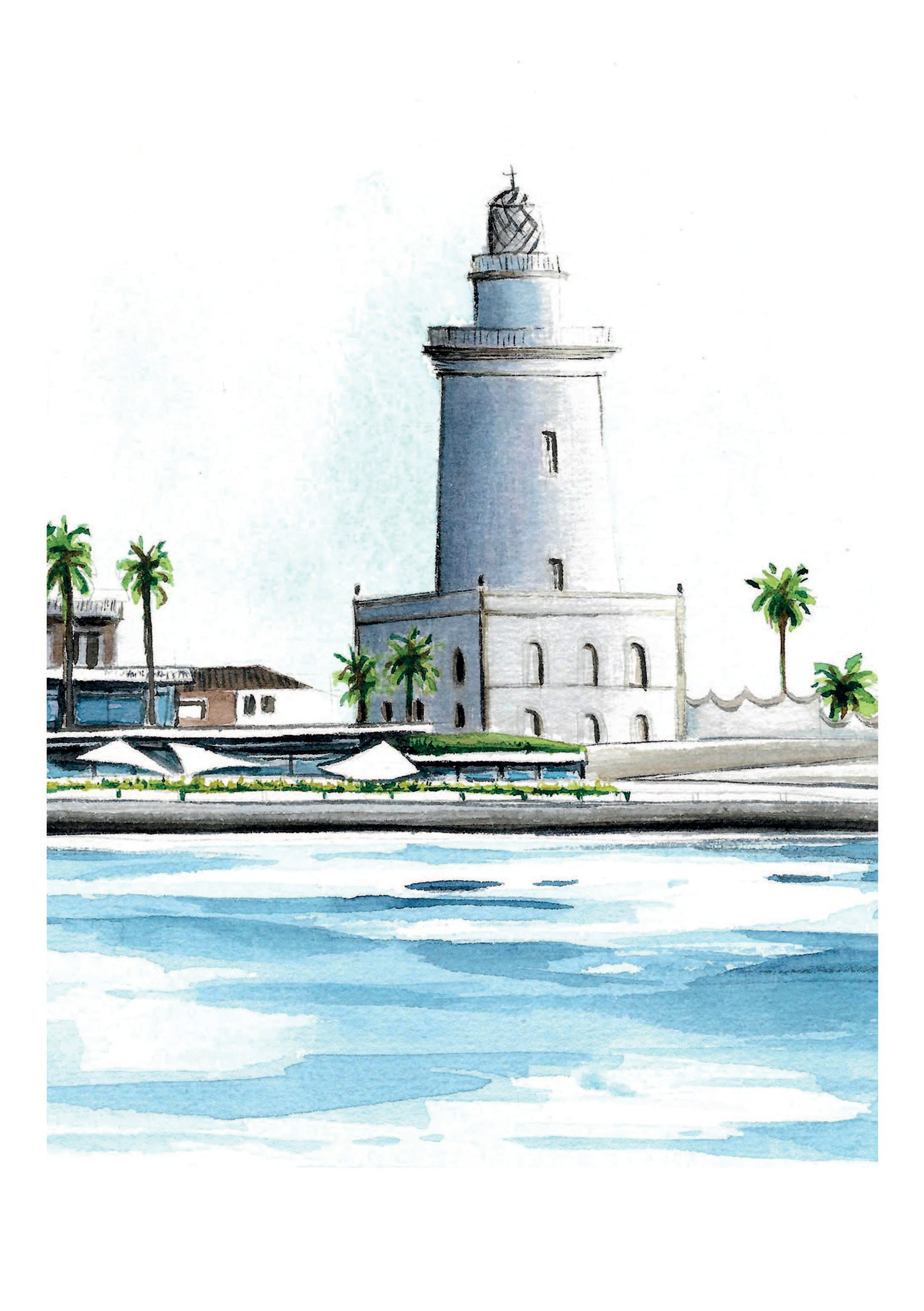 Acuarela de La Farola de Málaga, el faro del puerto, pintada por María Téllez