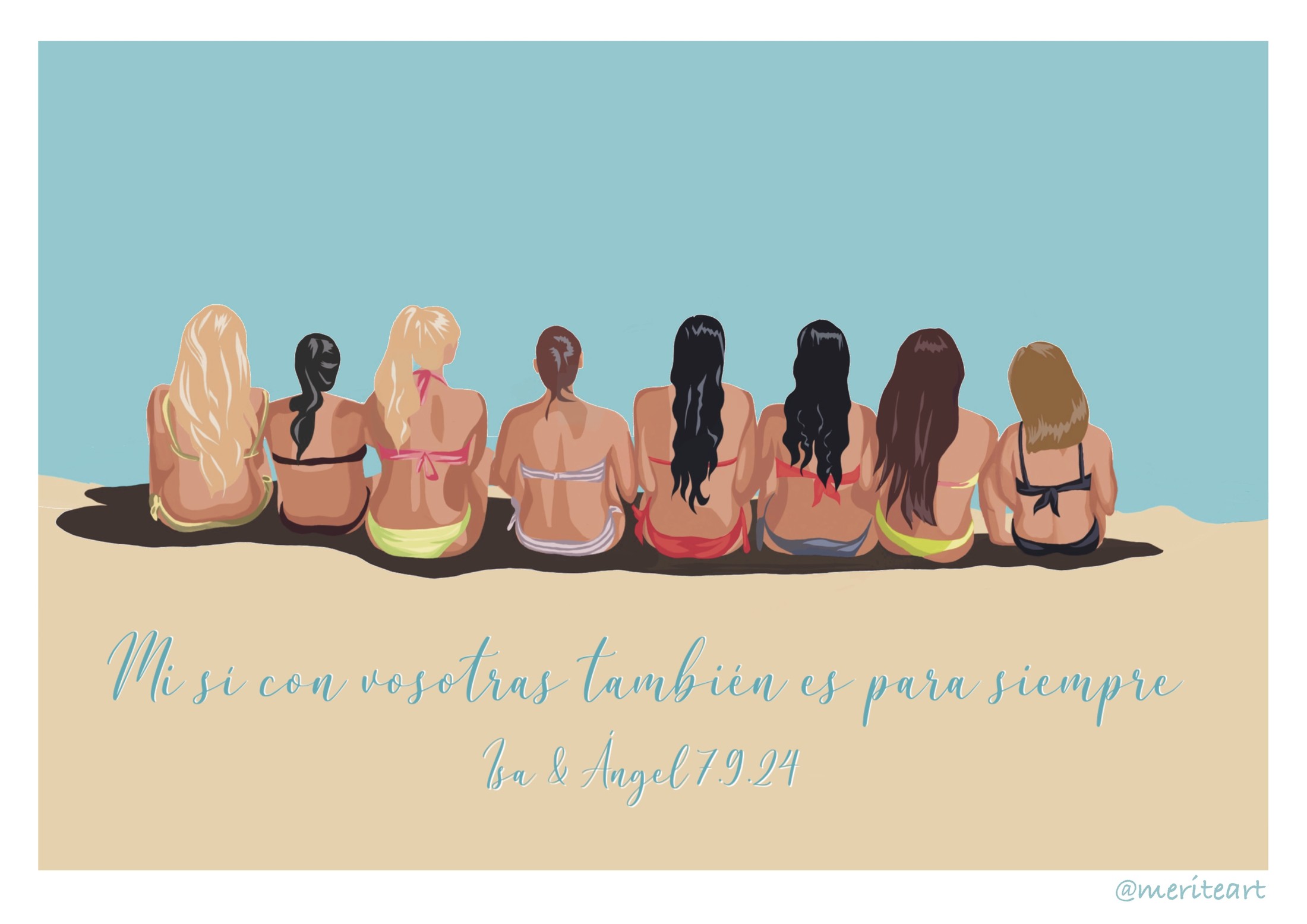 Lámina de despedida de soltera: la novia y sus amigas de espaldas frente al mar
