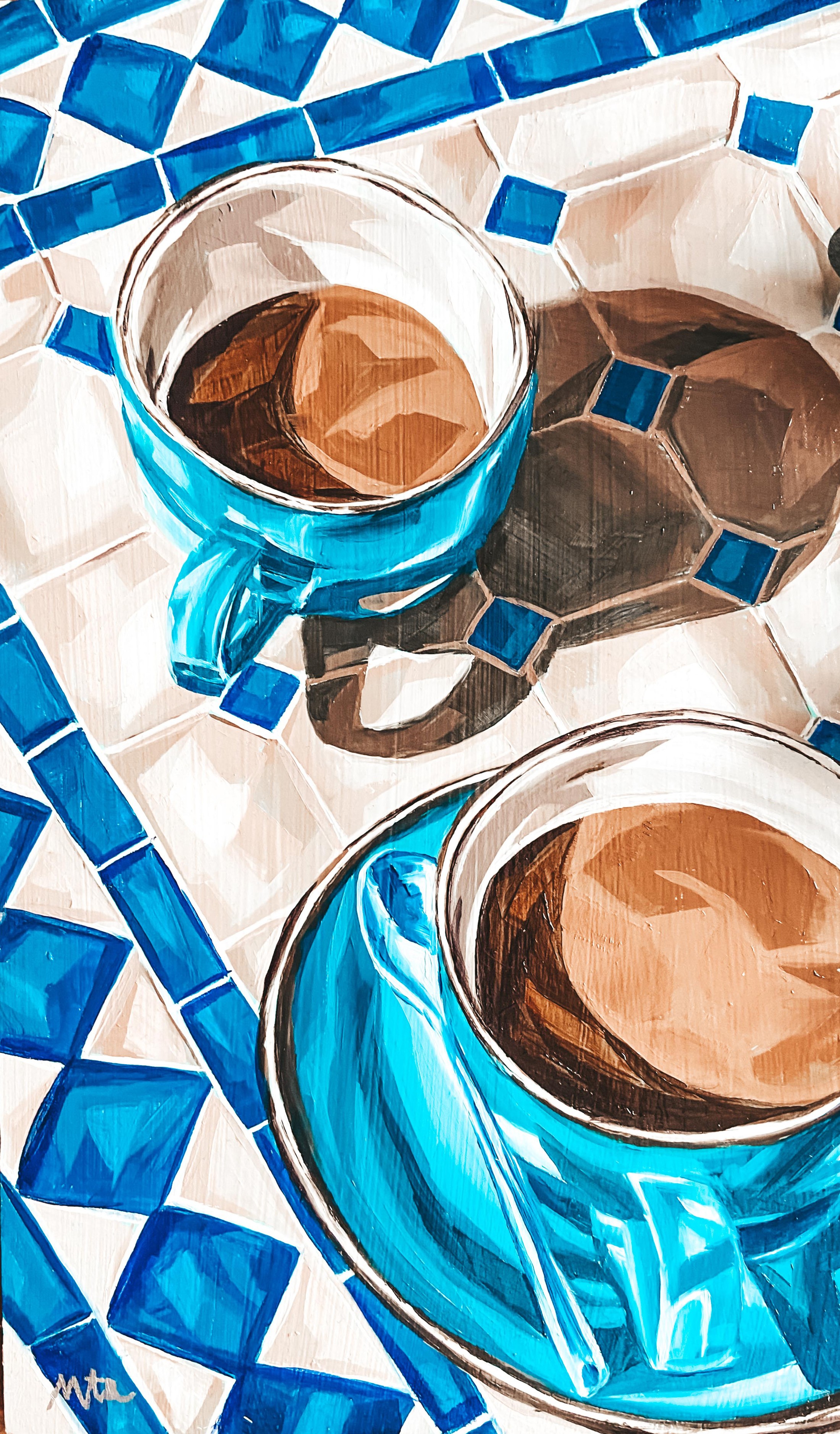 Pintura original al óleo titulada Pausa, con dos tazas de café azules sobre un mosaico mediterráneo