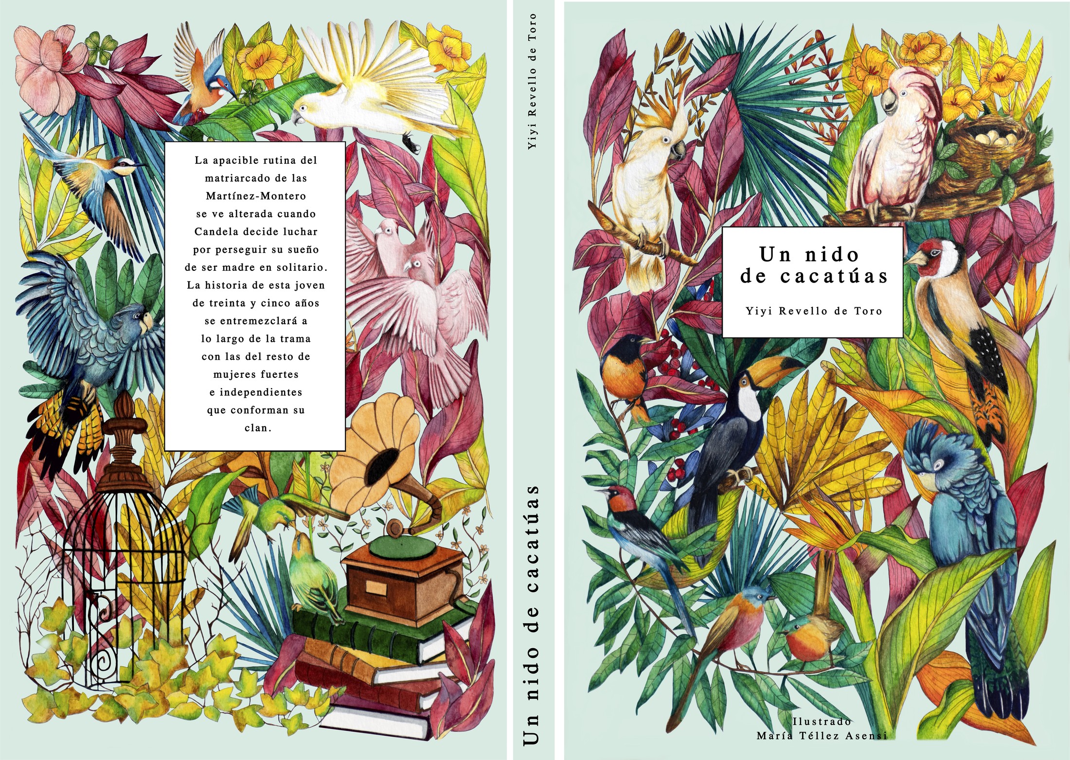 Portada y contraportada de Un nido de cacatúas, ilustradas a mano con aves tropicales y vegetación