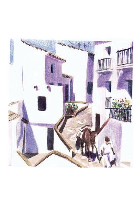 Acuarela de una calle encalada de Frigiliana, pueblo blanco de la Axarquía malagueña