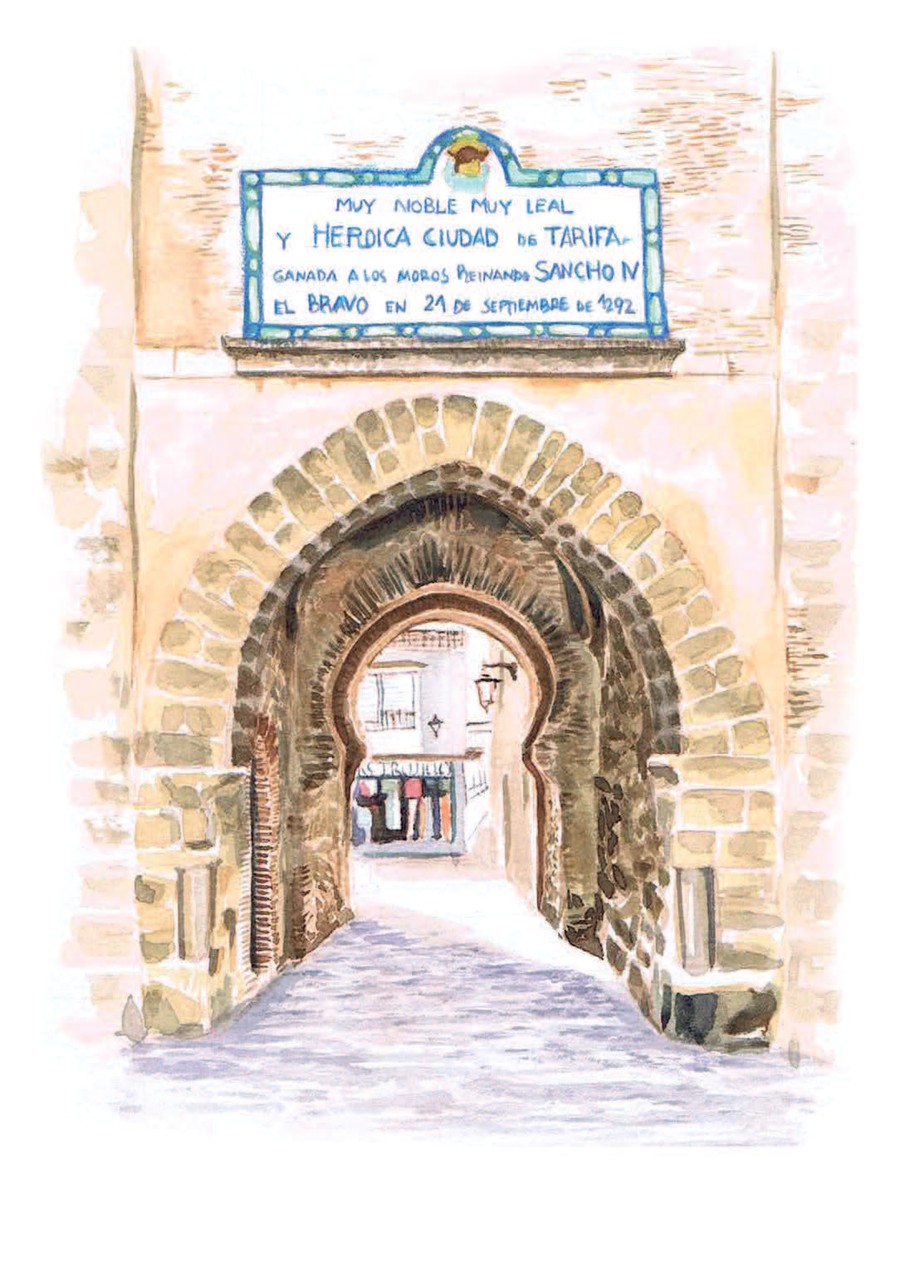 Acuarela del arco mudéjar de la Puerta de Jerez, entrada histórica a Tarifa