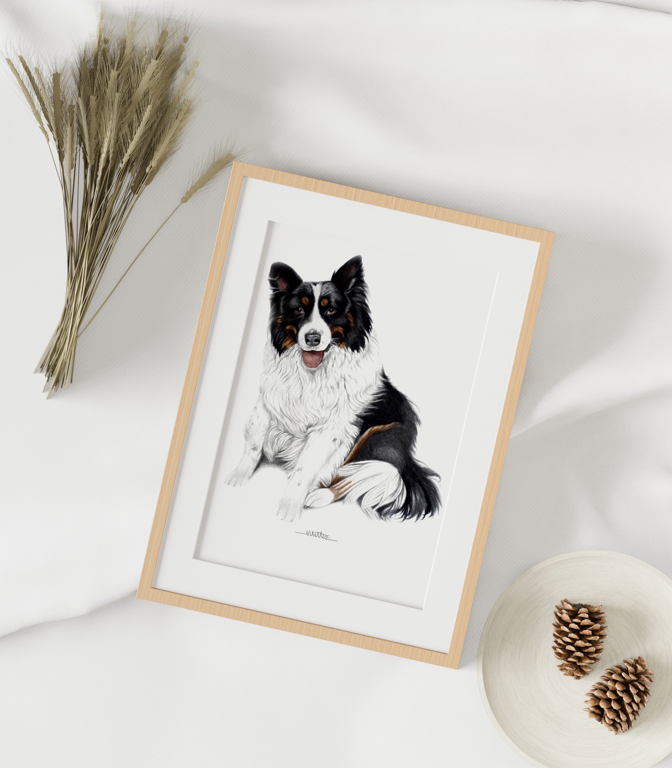 Retrato de un border collie en marco de madera clara