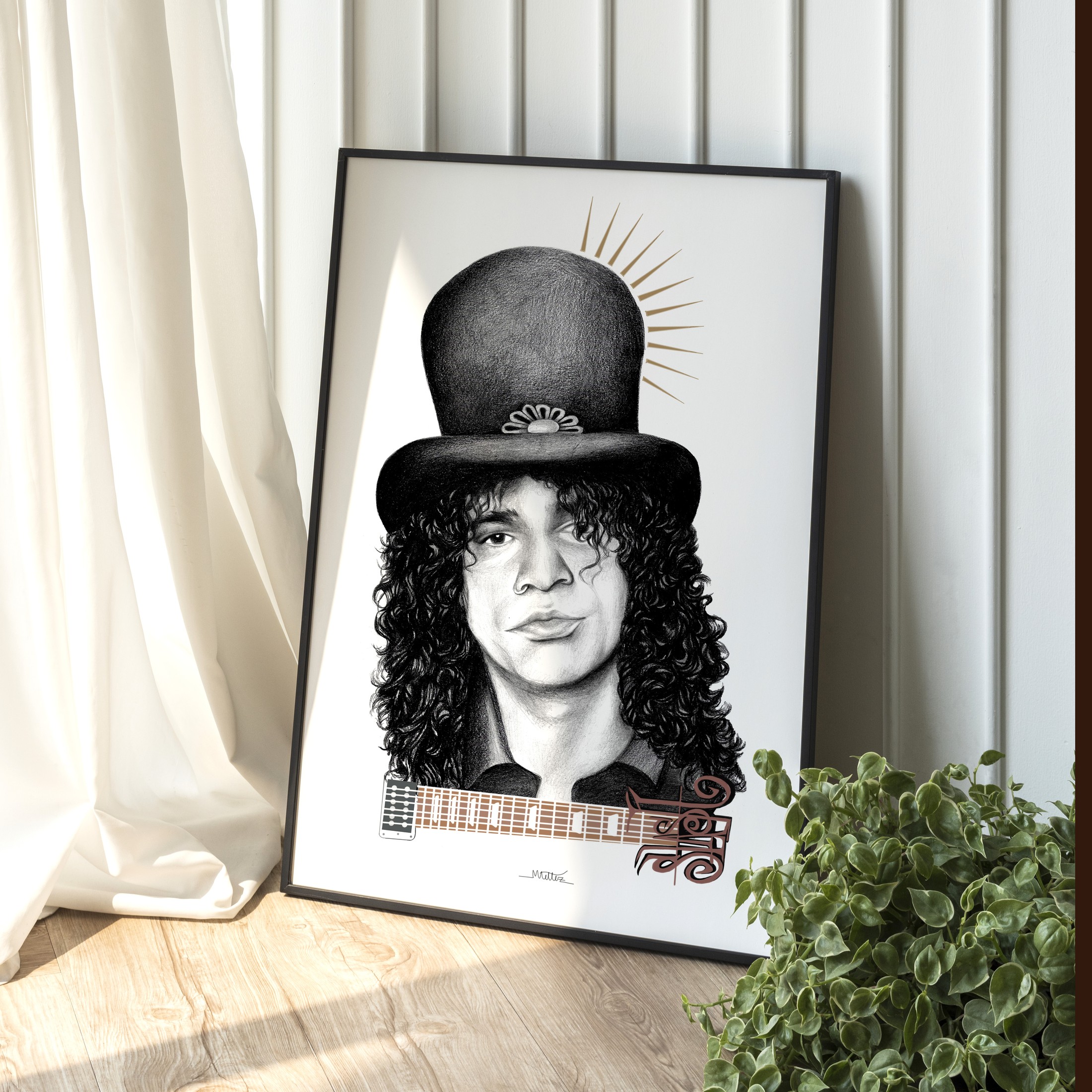 Retrato ilustrado a color de un personaje con sombrero de copa y guitarra