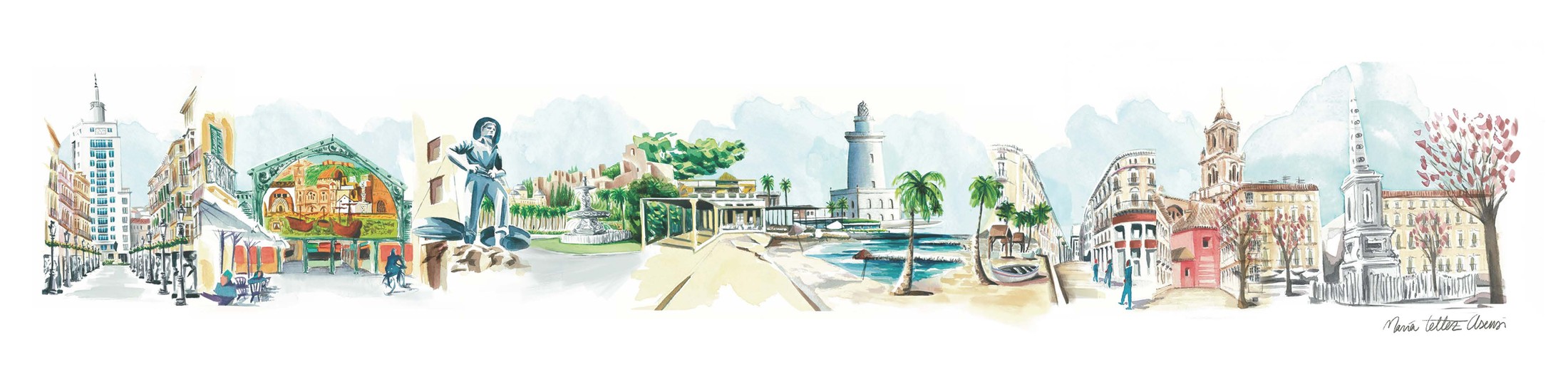 Acuarela panorámica del skyline de Málaga con La Farola, la Catedral, Atarazanas, el Cenachero, calle Larios, La Equitativa, Pedregalejo y el Balneario