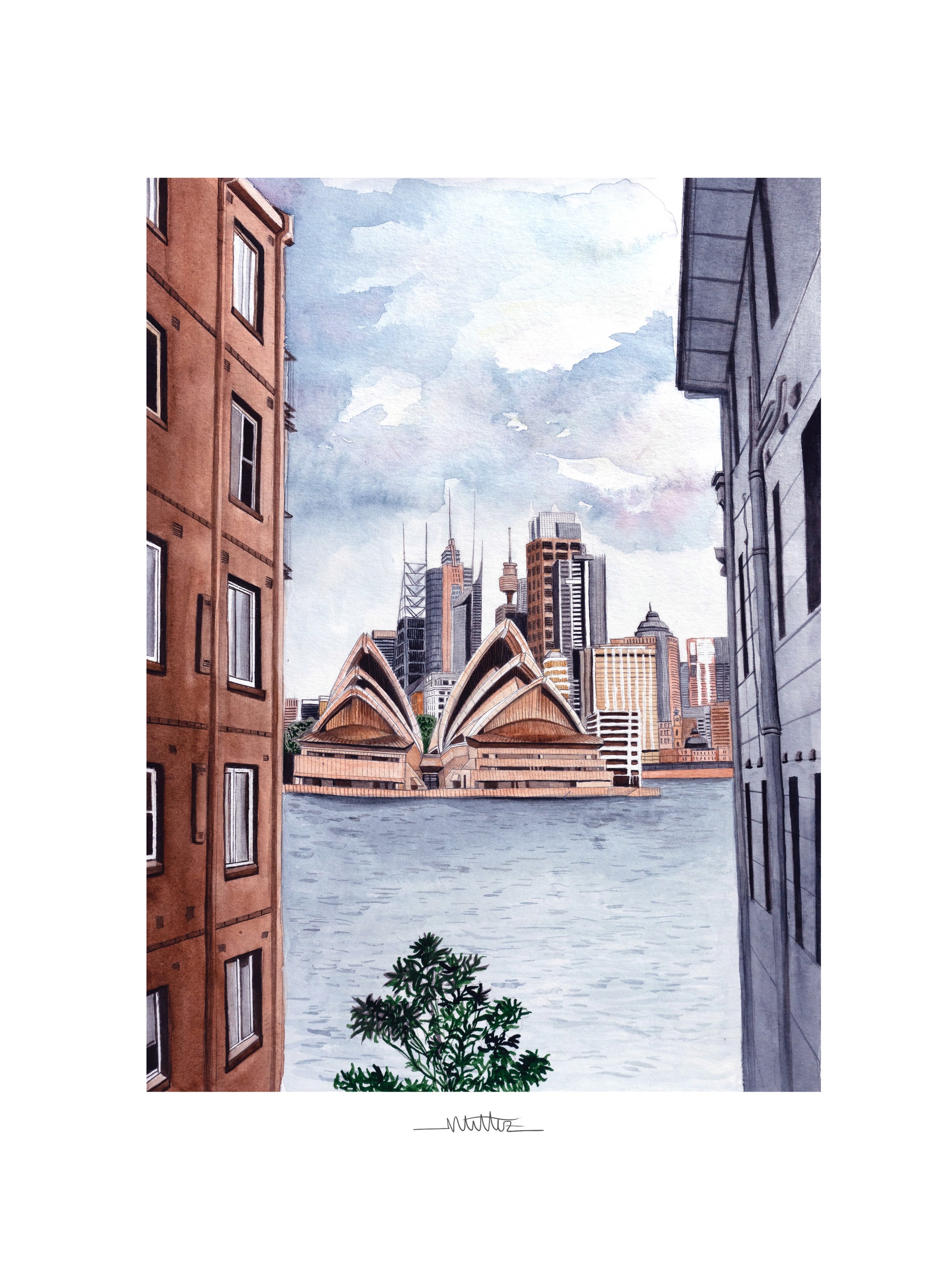 Ilustración personalizada del skyline de Sídney con la Opera House