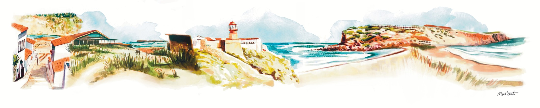 Acuarela panorámica de la costa de Sagres con el Faro del Cabo de San Vicente y las playas del Algarve