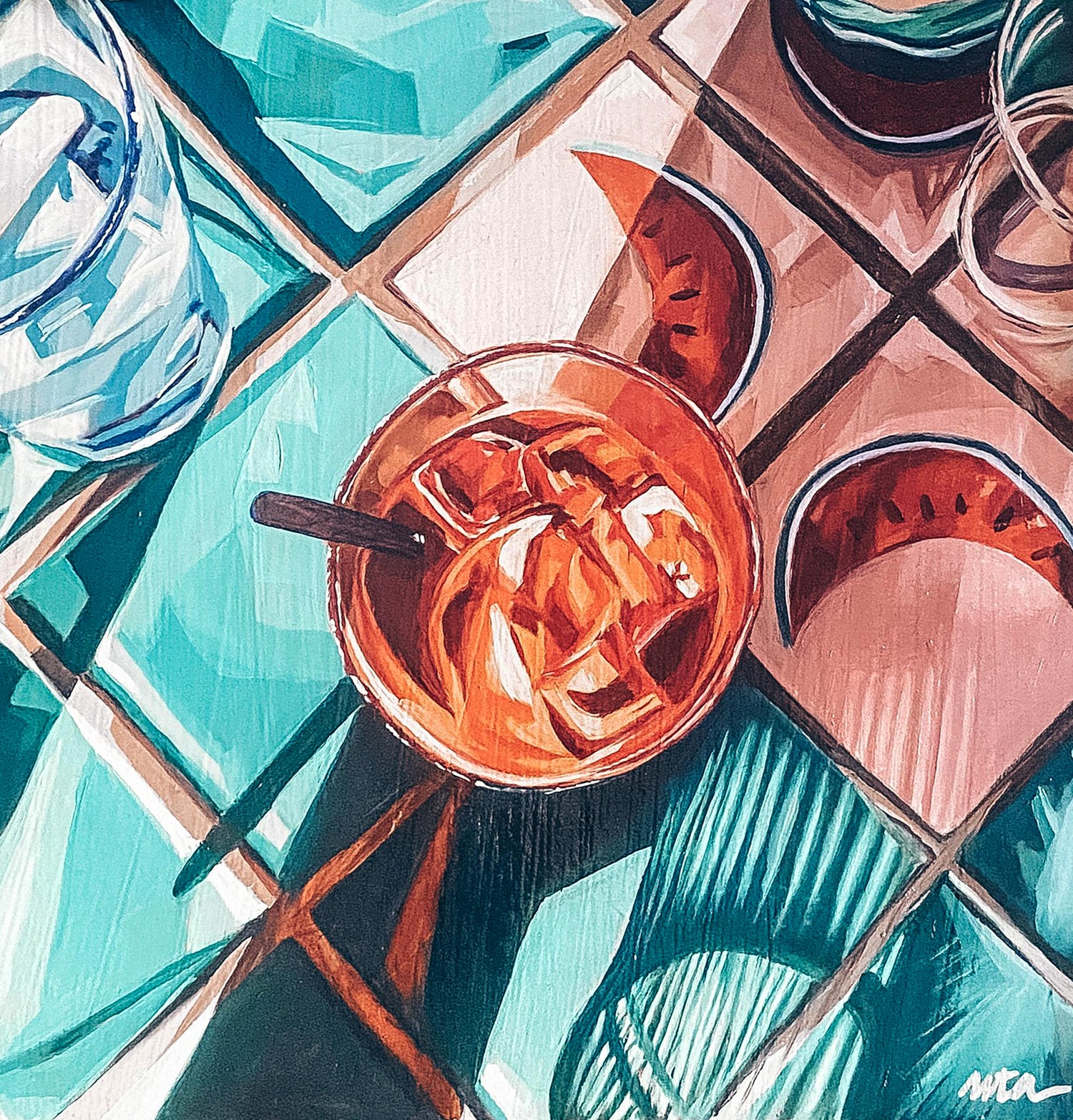 Pintura original al óleo titulada Sobremesa, con sandía, vermut y mosaico azul mediterráneo