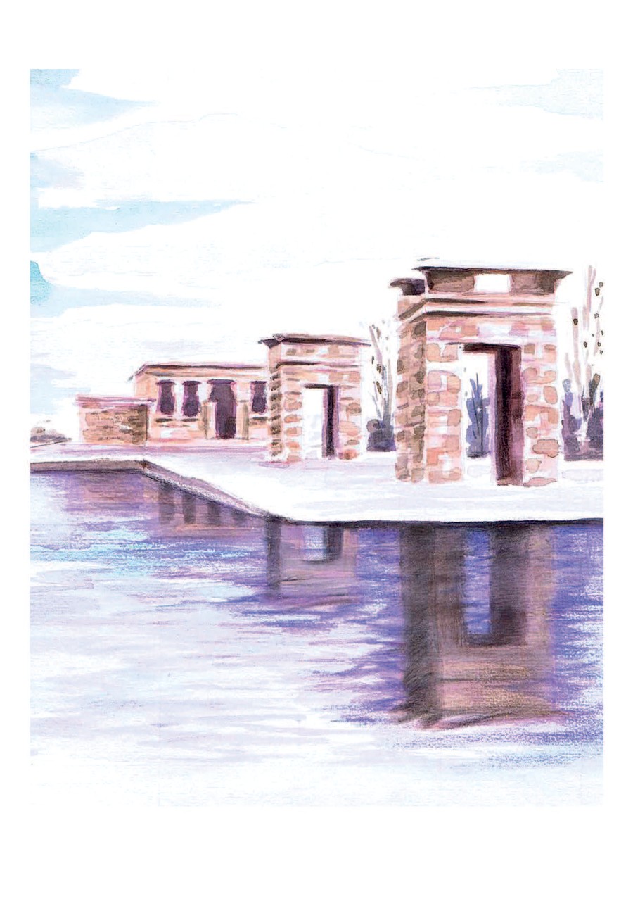 Acuarela del Templo de Debod en Madrid reflejado en su estanque