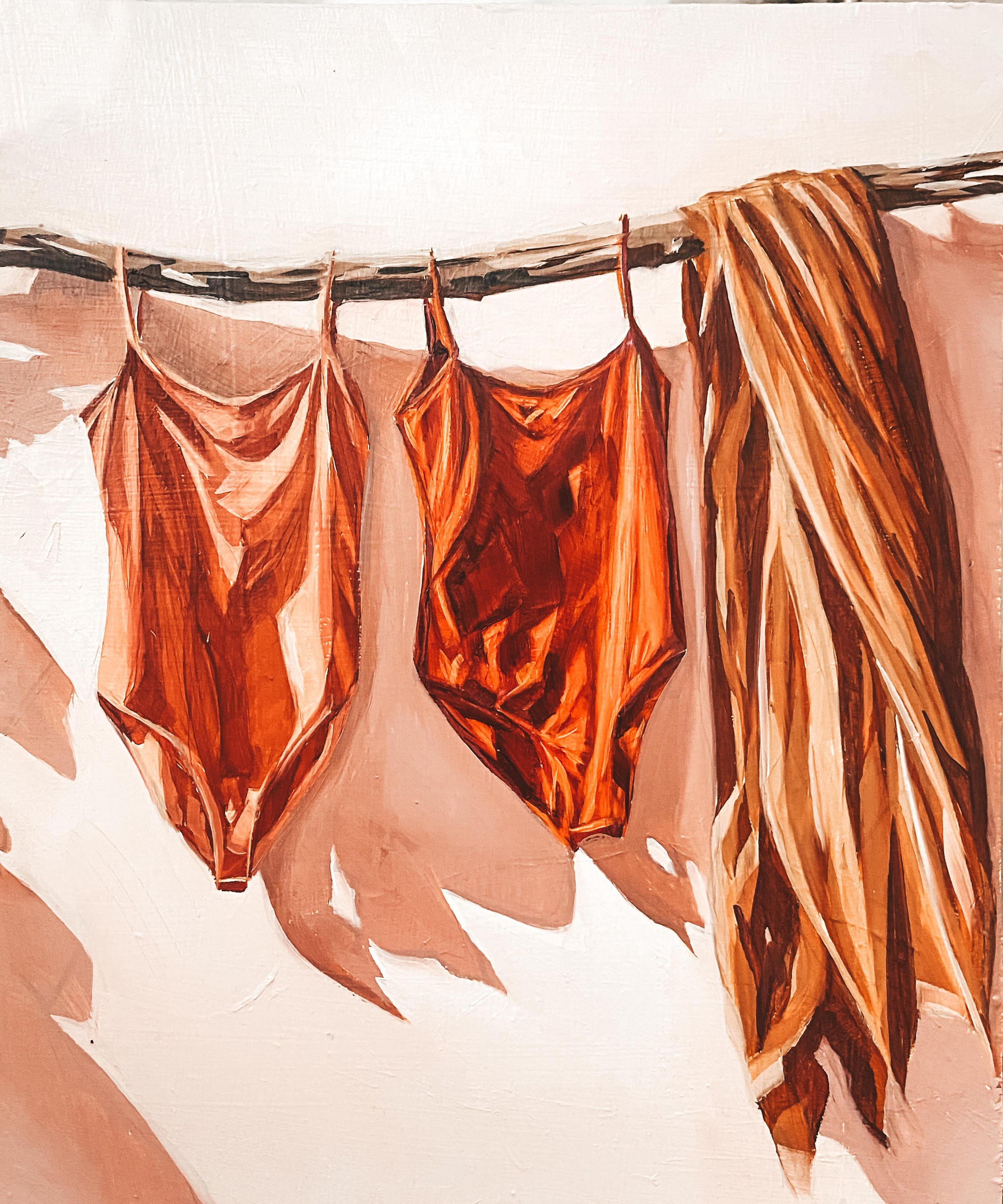 Pintura original titulada Tendedero, con ropa tendida y luz mediterránea