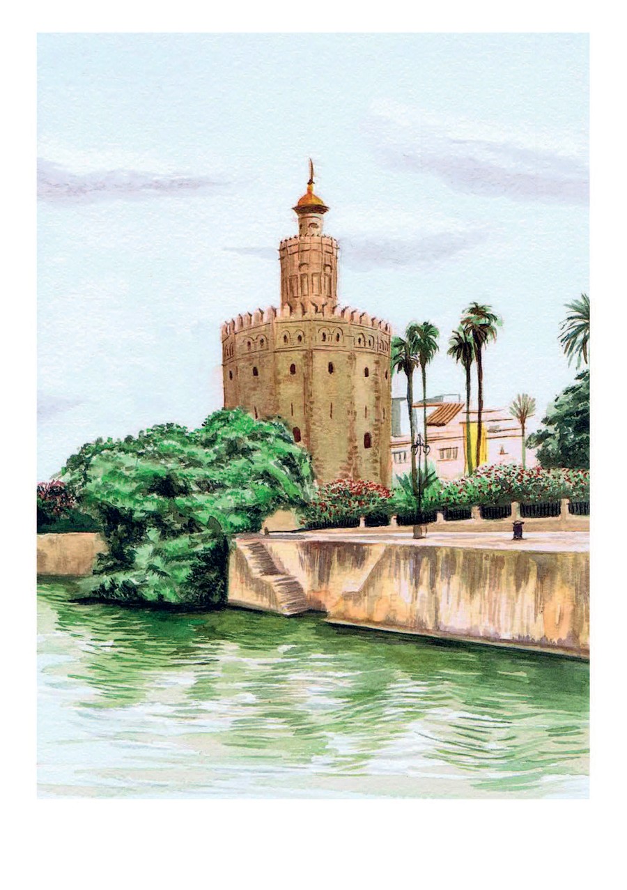 Acuarela de la Torre del Oro de Sevilla junto al Guadalquivir
