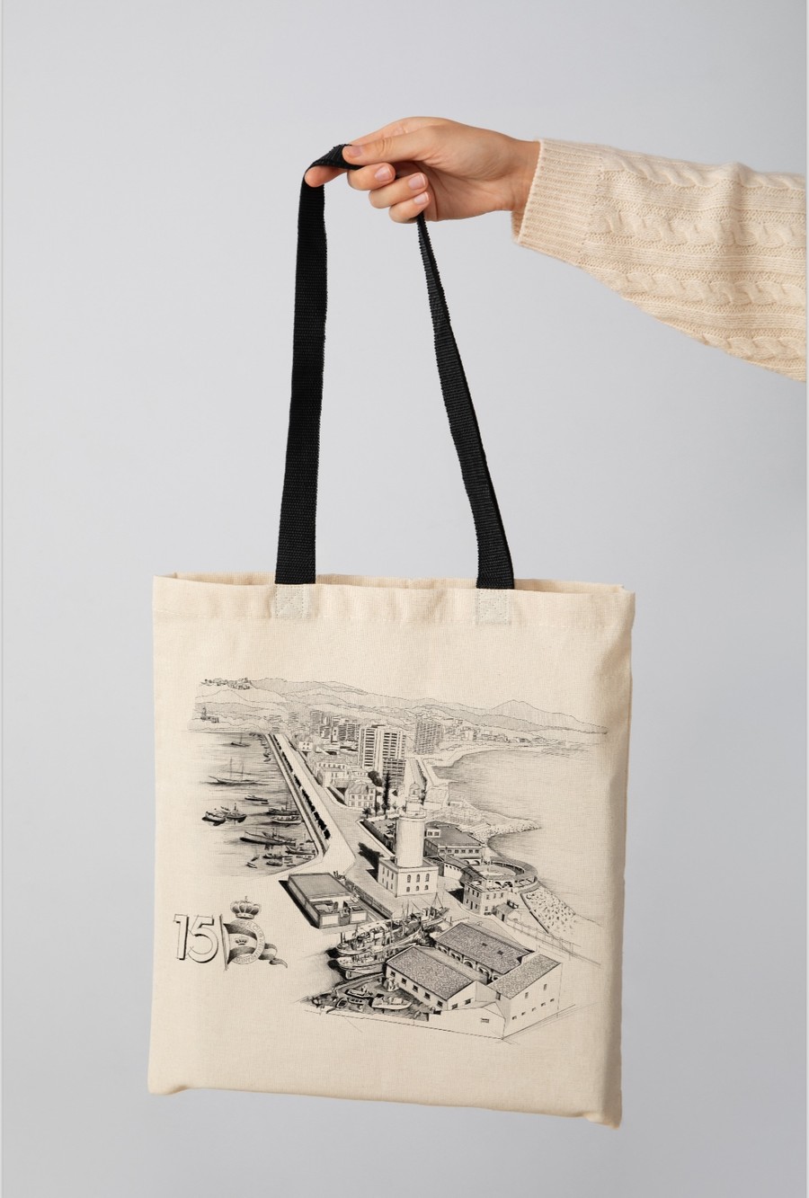 Tote bag con el puerto de Málaga dibujado a lápiz