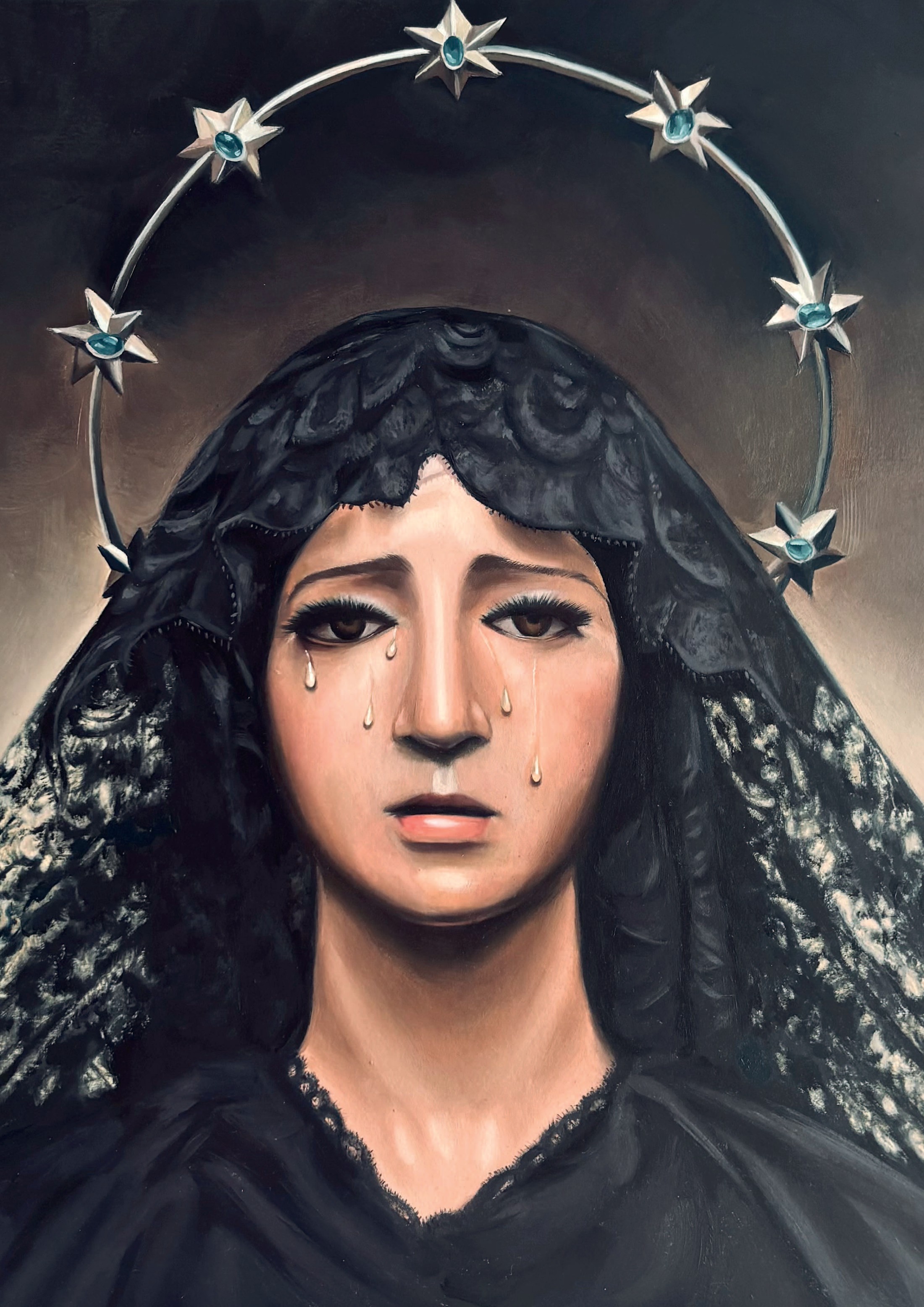 Óleo de María Santísima de la Esperanza en su Luto de Málaga, retrato frontal