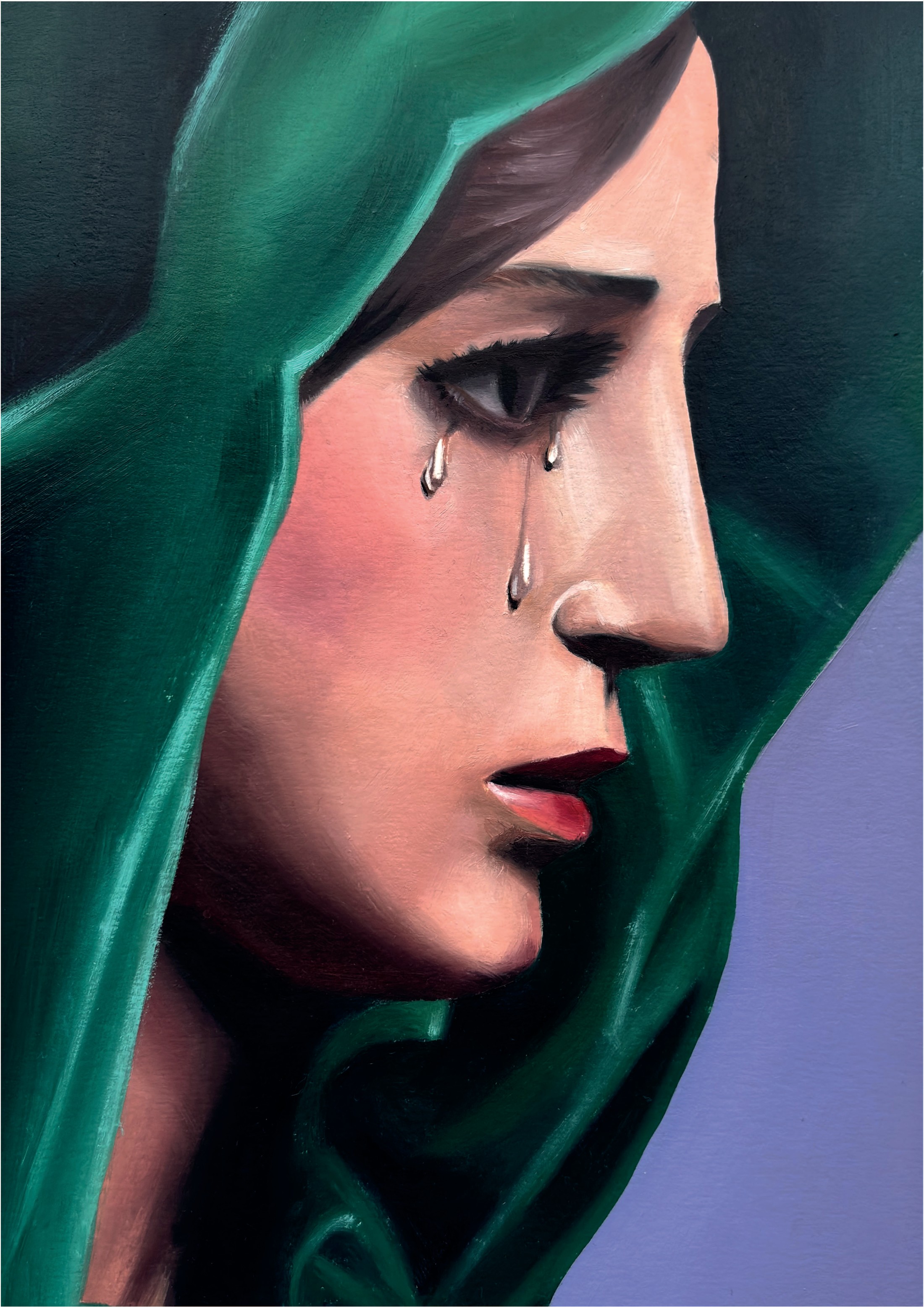 Óleo de María Santísima de la Esperanza de Málaga representada de perfil, en tonos verdes y morados